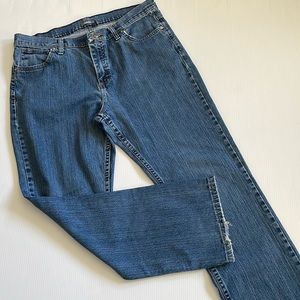 Cabela’s straight leg, distressed blue jeans.  Women’s Size 14 short